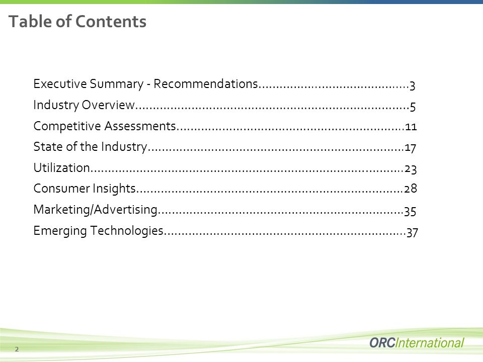 Executive Summary and Table of Contents